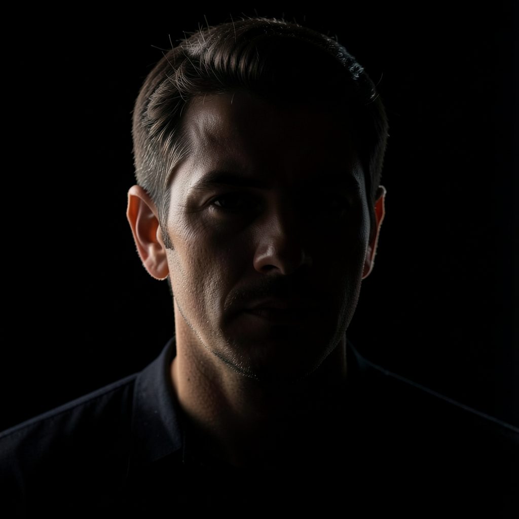 Deep shadow portrait with soft rim lighting against a black background, powerful and refined mood