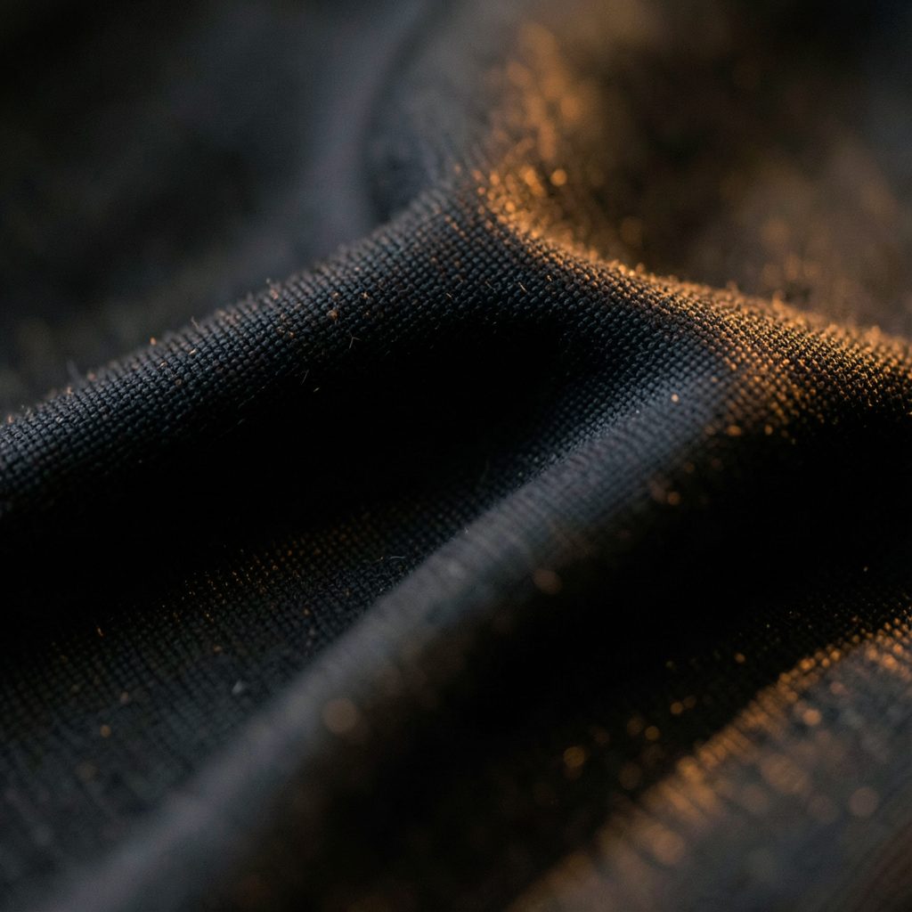 Abstract close-up of textured dark fabric with subtle warm highlights, elegant and mysterious mood