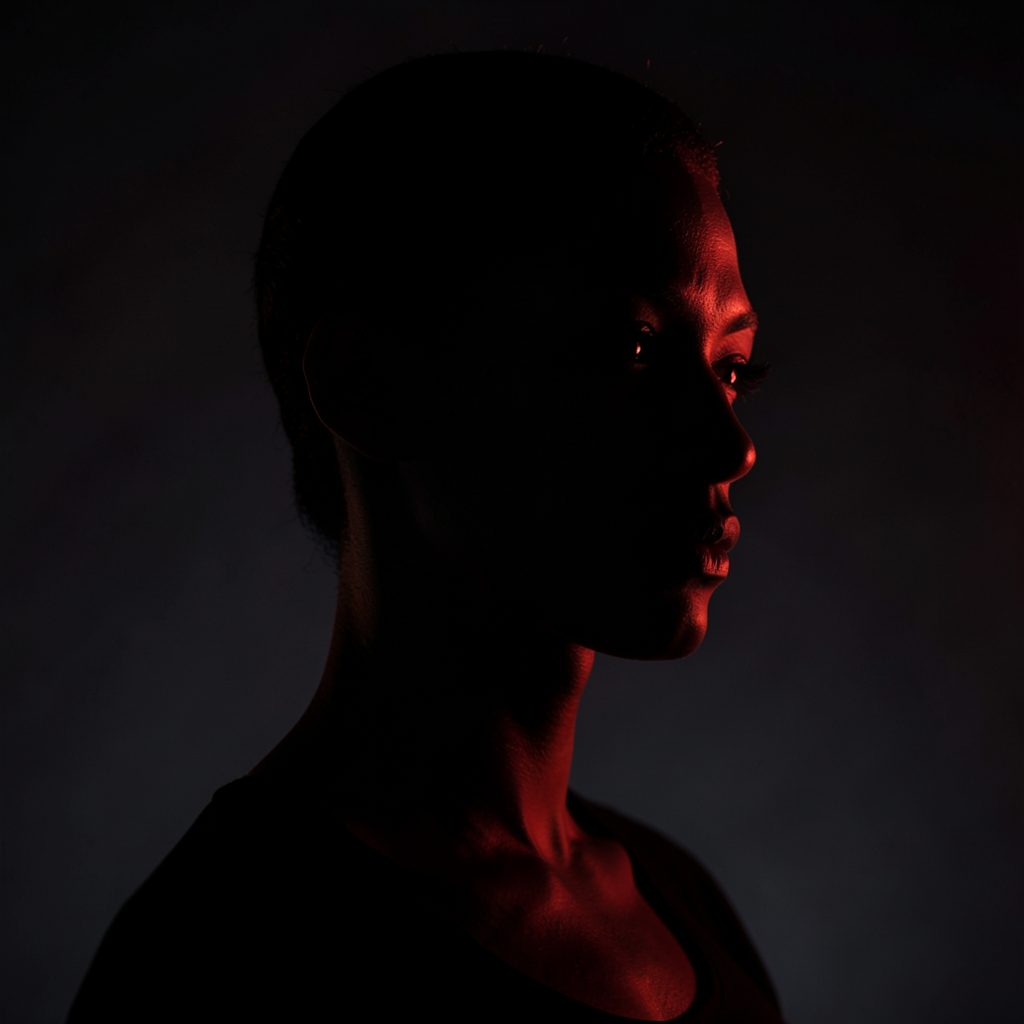Dramatic dark portrait silhouette against a deep charcoal backdrop with subtle warm red lighting, elegant and powerful mood