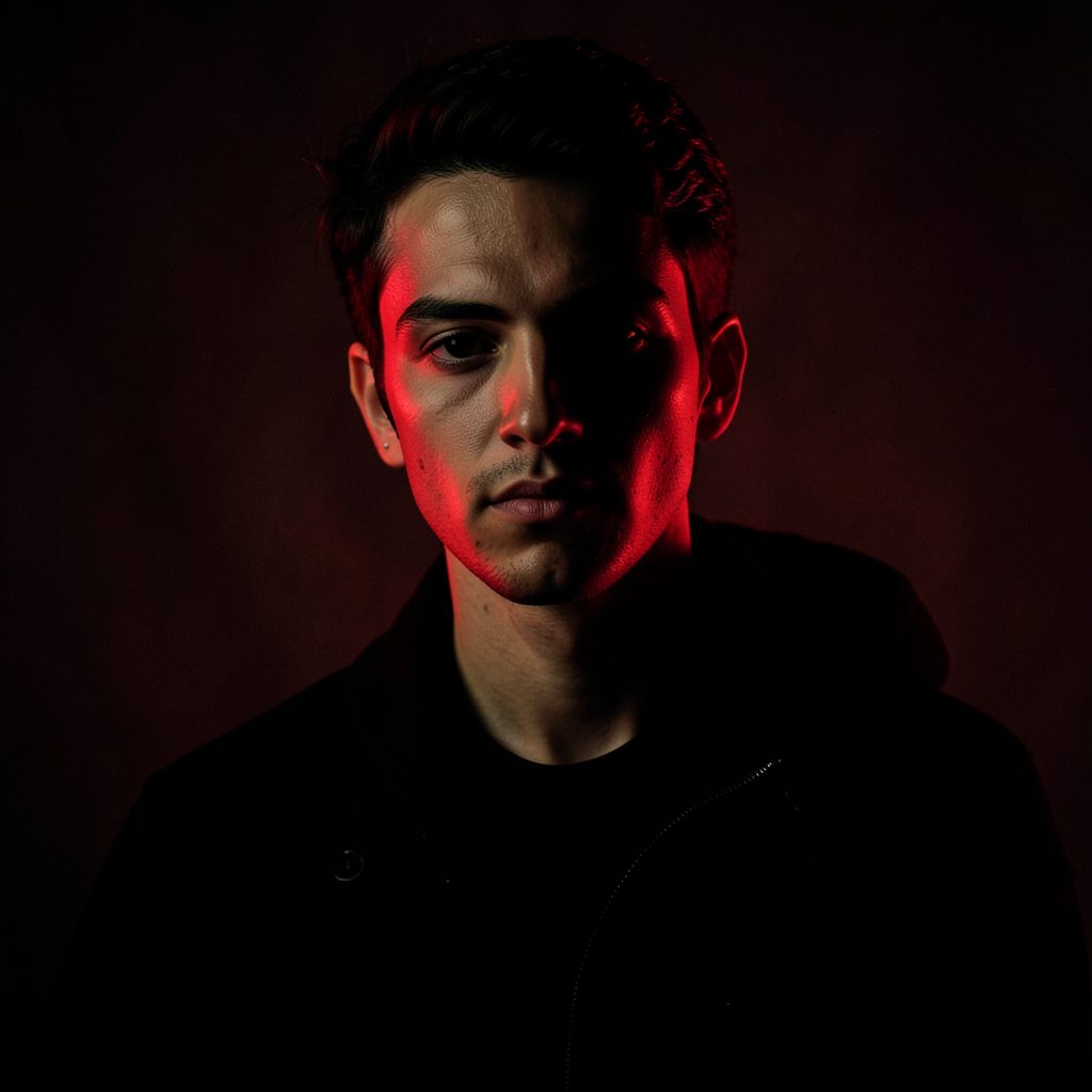 Dark atmospheric fashion portrait with dramatic red accent lighting, editorial high-contrast mood
